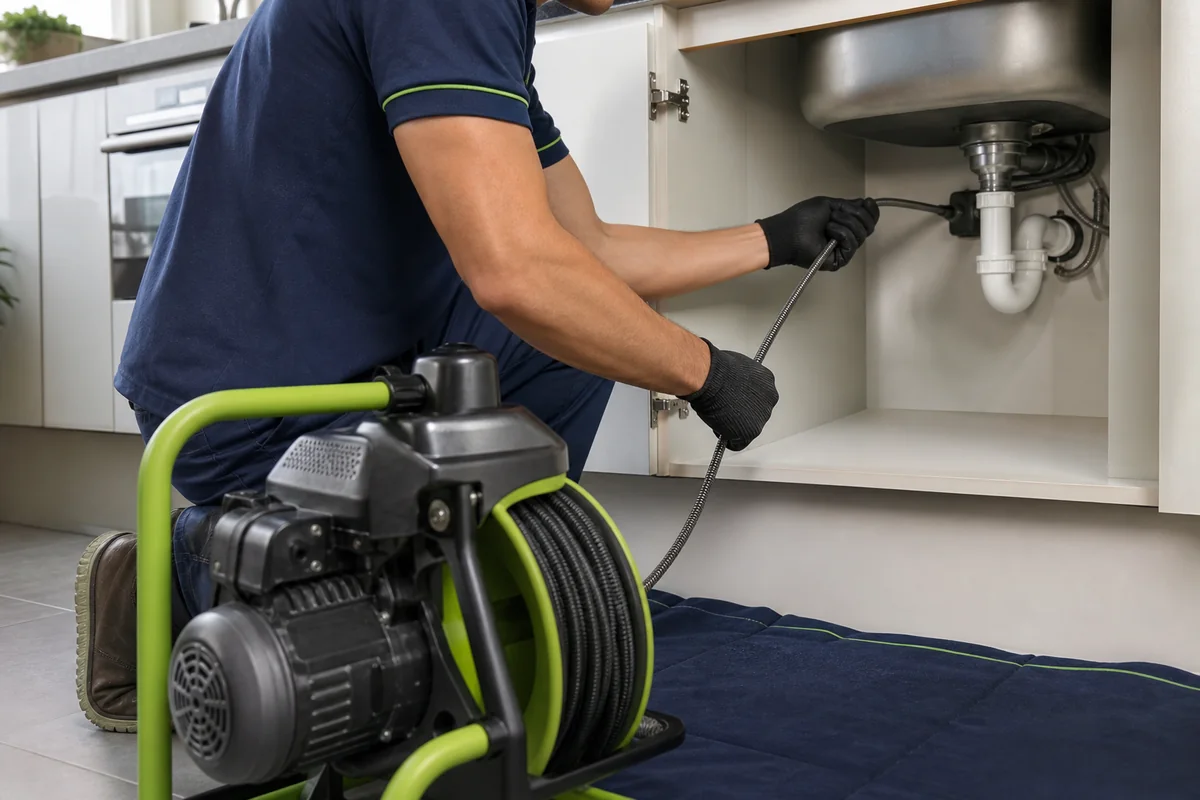 Profissional utilizando máquina rotativa para desentupir uma pia